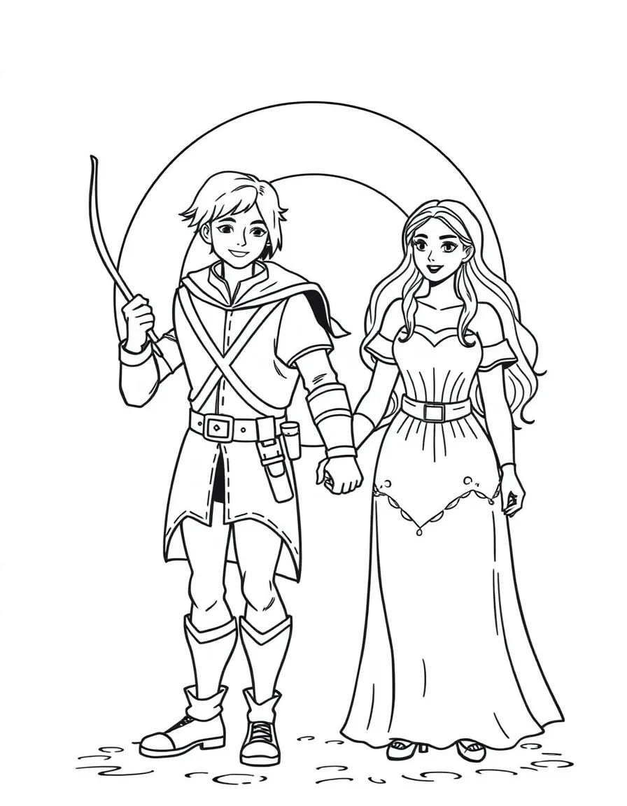 Robin Hood and Maid Marian holding hands, with a sunset behind them.