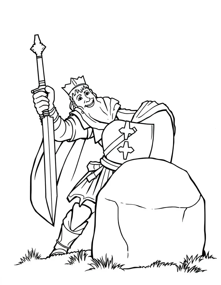 Arthur pulling the sword from the stone, with a triumphant smile.
