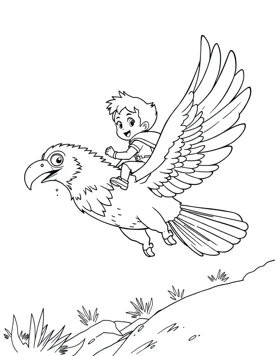 Cody riding on Marahute's back, soaring high above the ground.