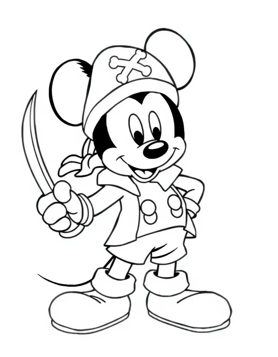 Mickey Mouse dressed as a pirate, with a sword.