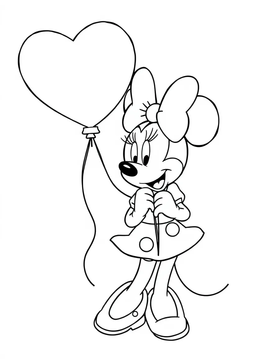 Minnie Mouse holding a giant heart-shaped balloon.
