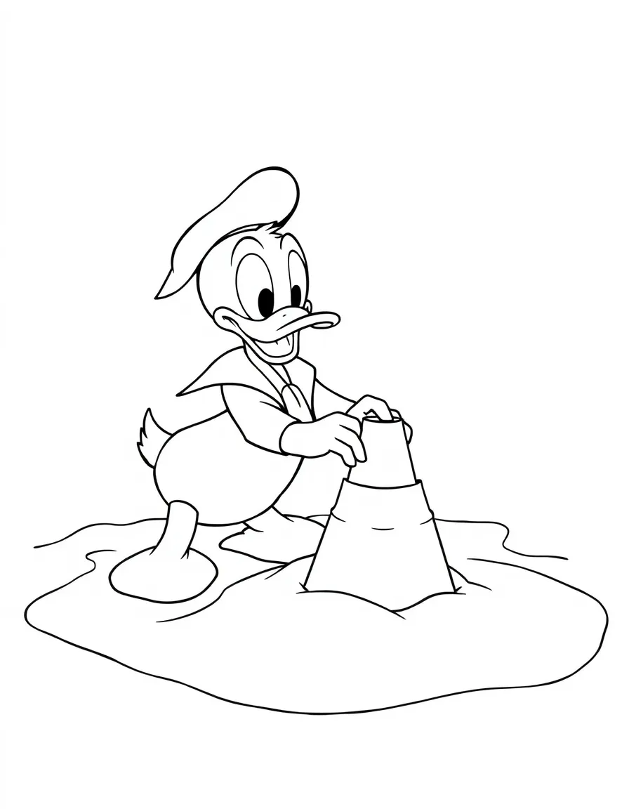 Donald Duck trying to build a sandcastle, with waves washing it away.
