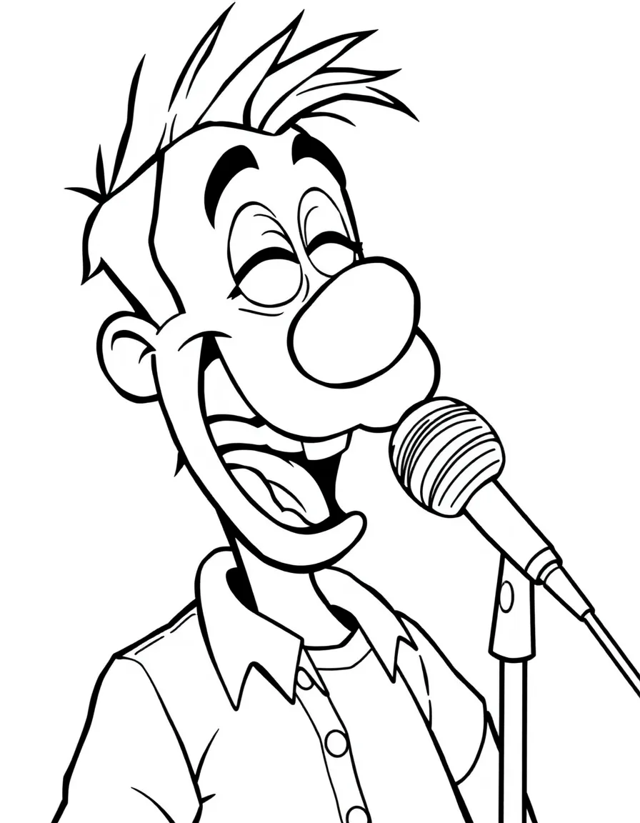 Goofy trying to sing karaoke, with funny expressions.