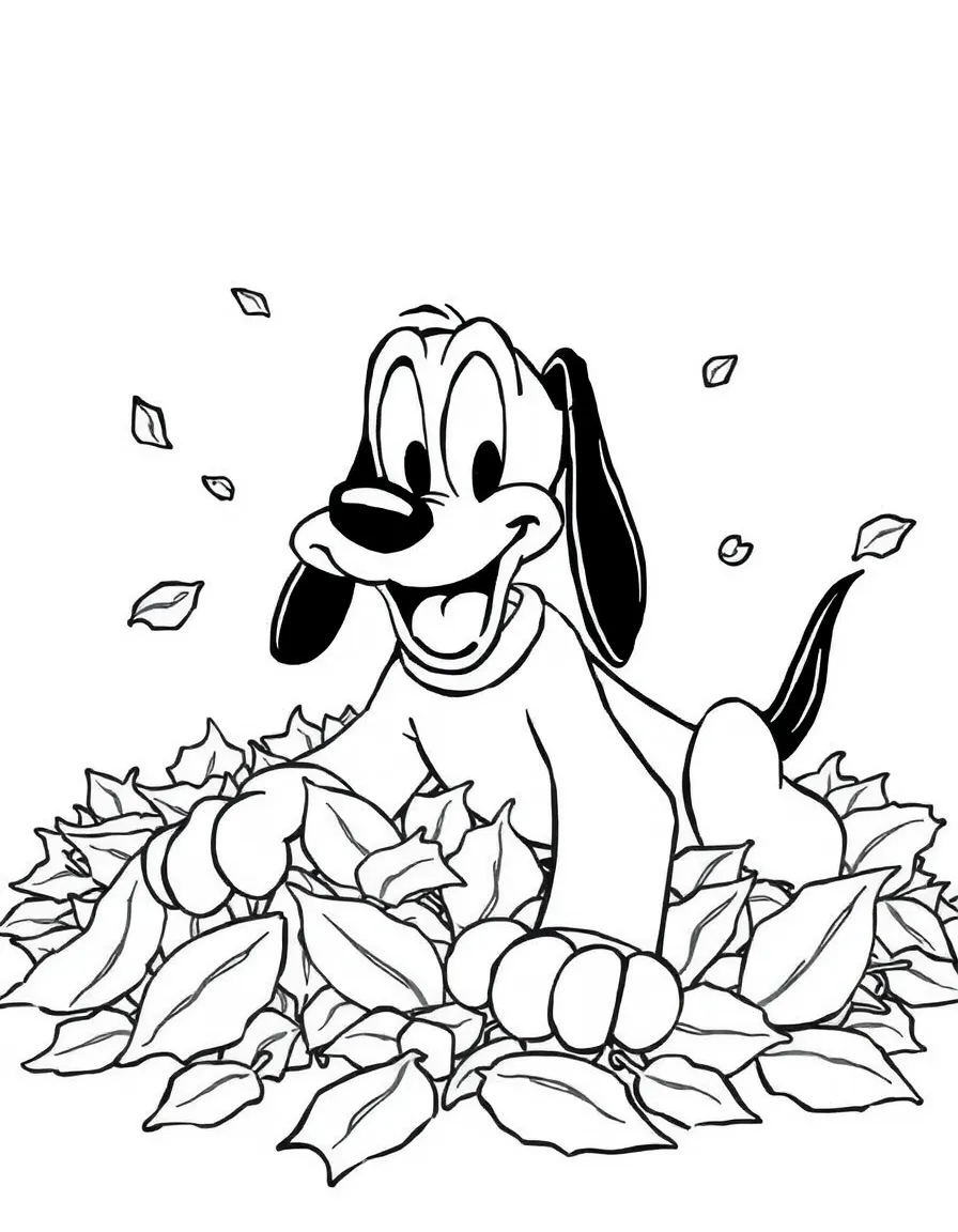 Pluto playing in a pile of leaves, with a big grin.