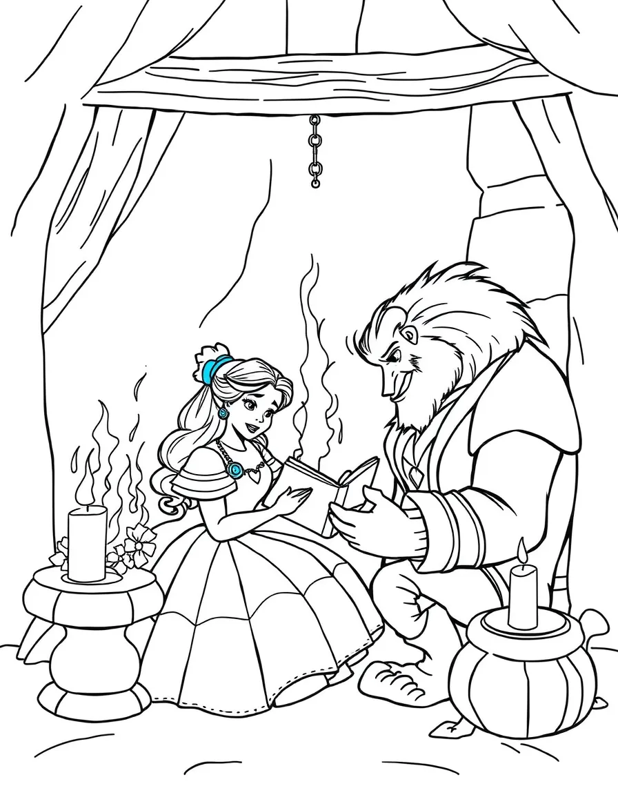 Belle and the Beast sitting by the fire, reading.