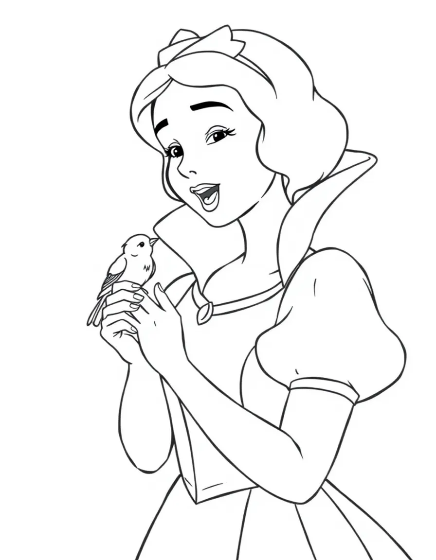Snow White with a bird on her finger, singing.