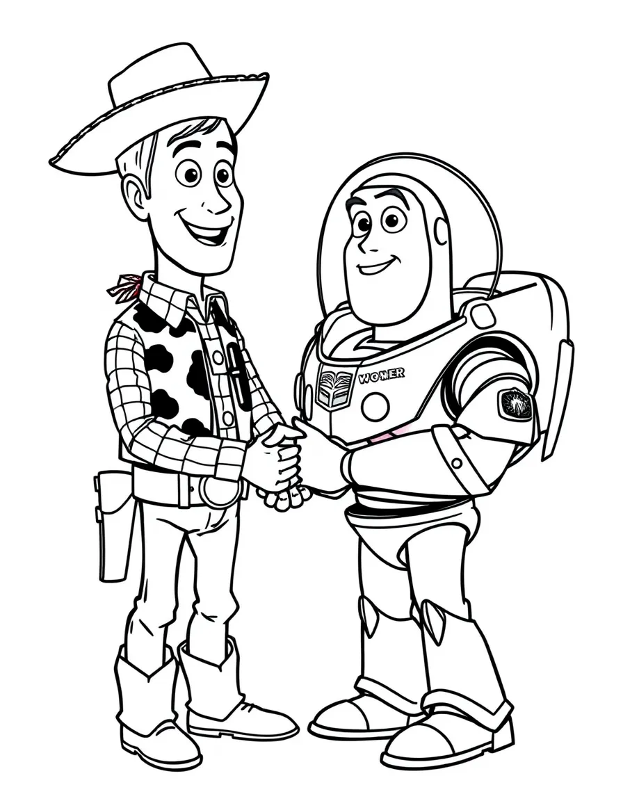 Woody and Buzz shaking hands, with a friendly smile.