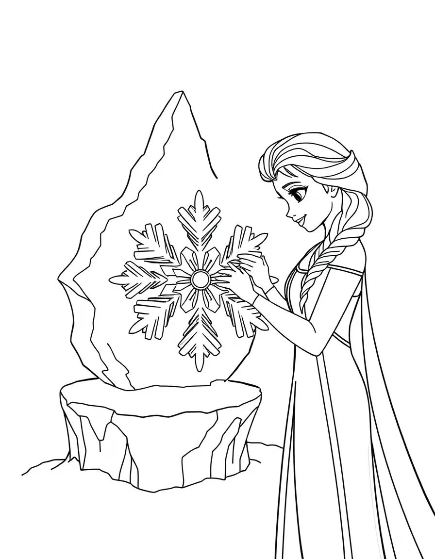 Elsa creating a beautiful ice sculpture of a snowflake.