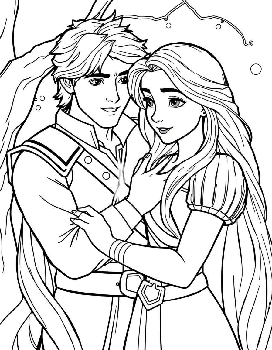 Rapunzel healing Flynn Rider, with glowing hair.