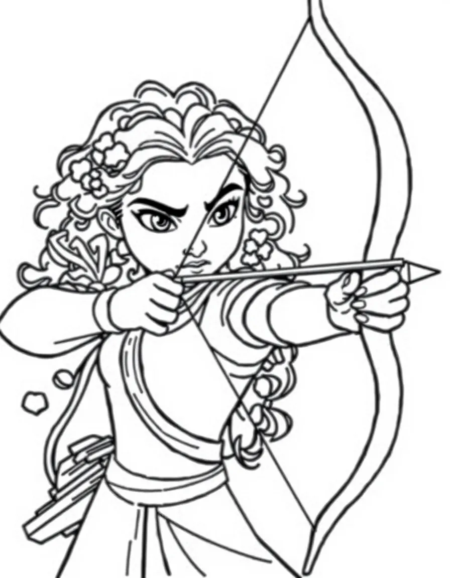 Merida aiming her bow, with a fierce expression.