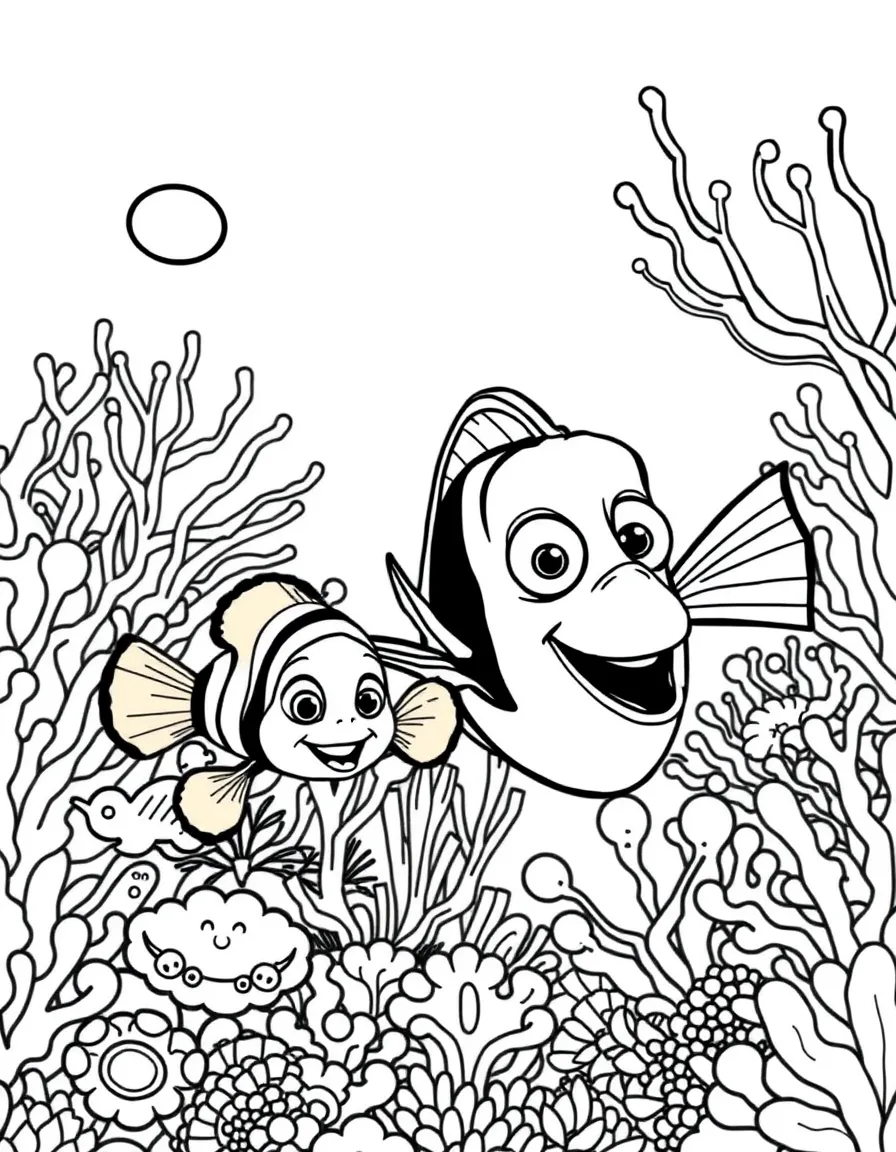 Nemo and Dory swimming through a colorful coral reef.