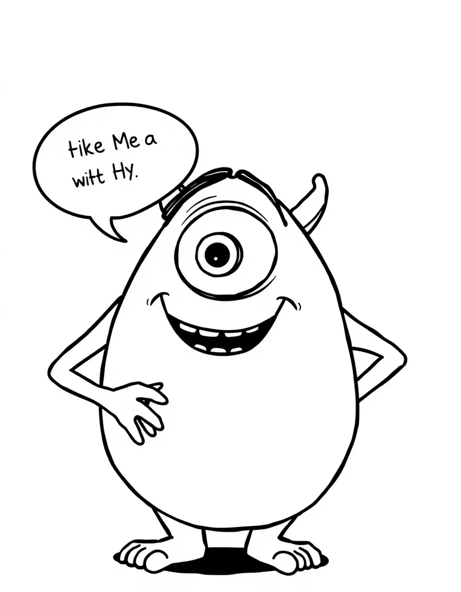Mike Wazowski telling a funny joke, with his one eye.