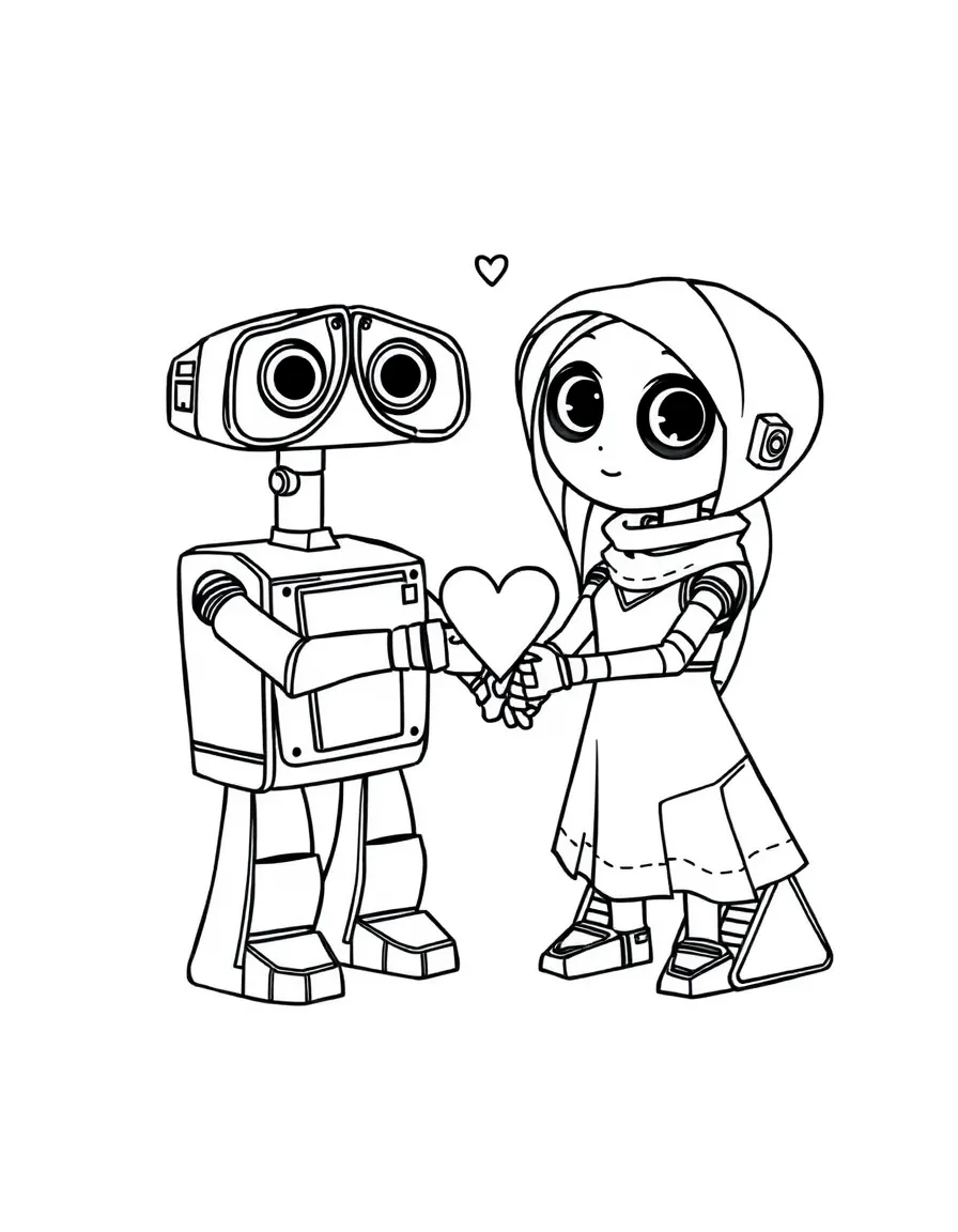 WALL-E and EVE holding hands, with a heart shape.