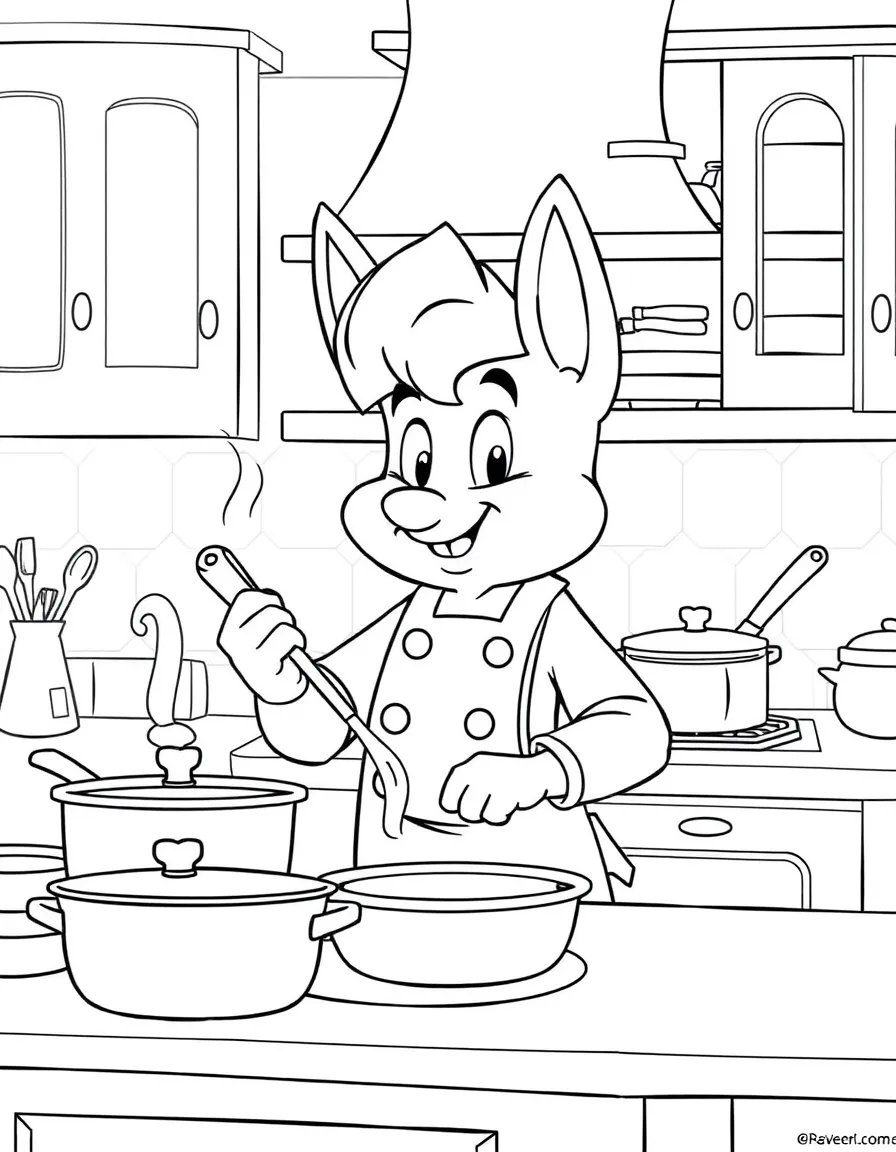 Remy cooking in a fancy kitchen, with all his pots and pans.