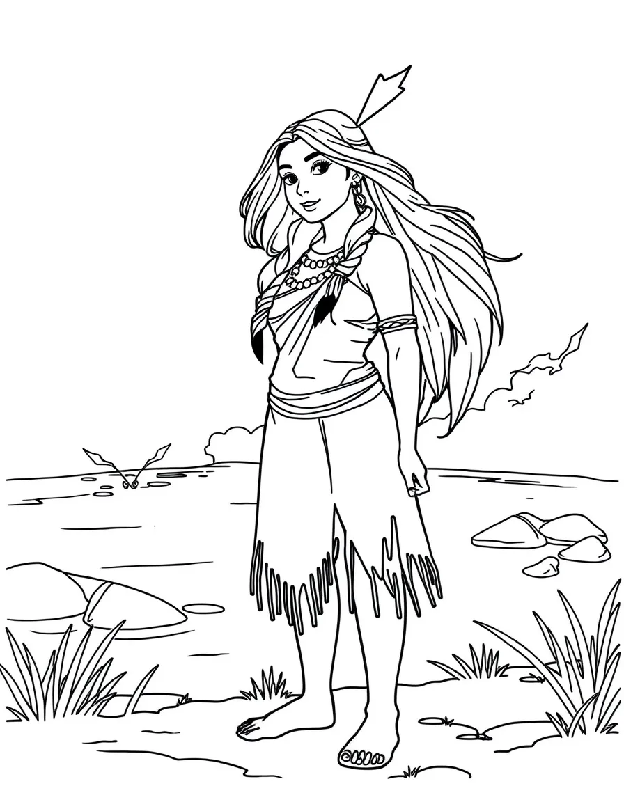 Pocahontas standing by the river, with the wind blowing.