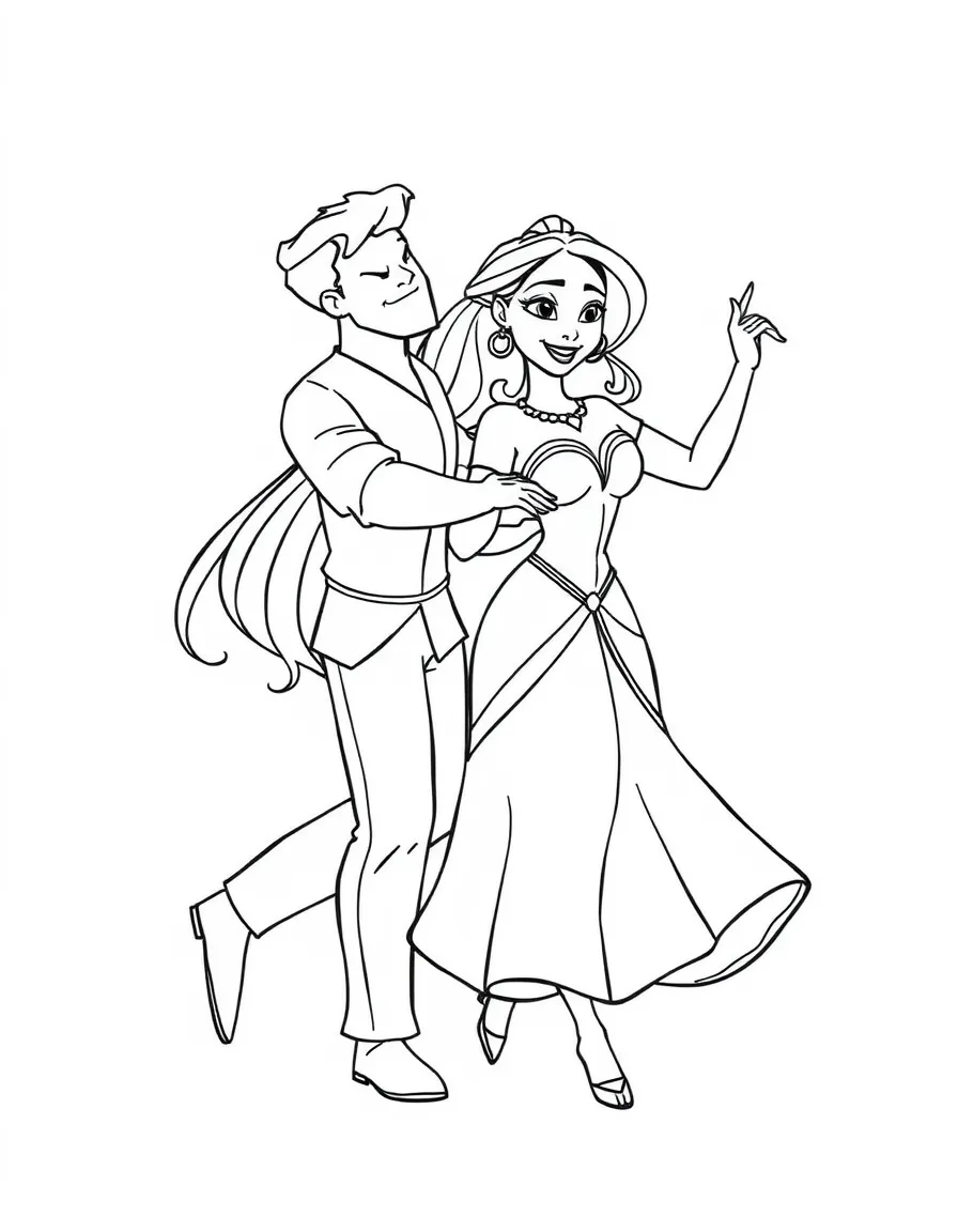 Tiana and Naveen dancing as humans, with a joyous expression.