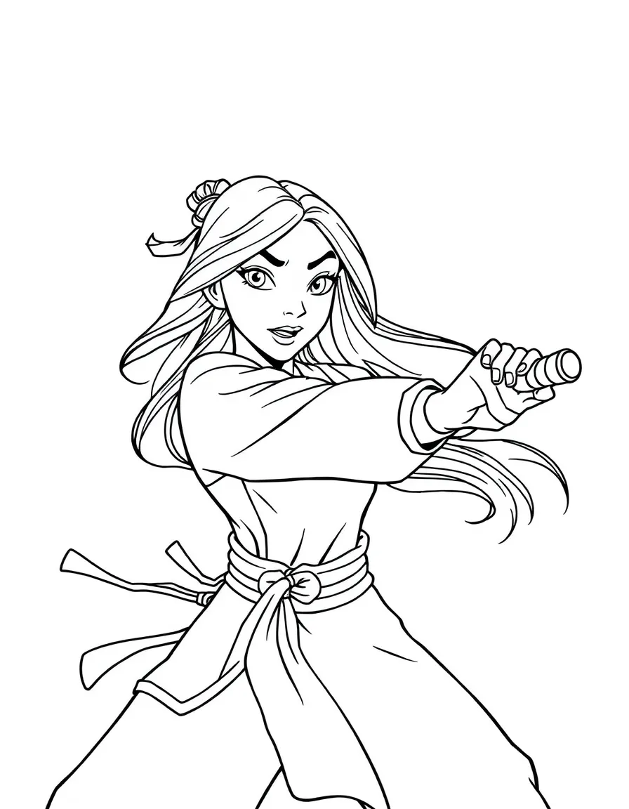 Mulan fighting bravely, with a determined look.