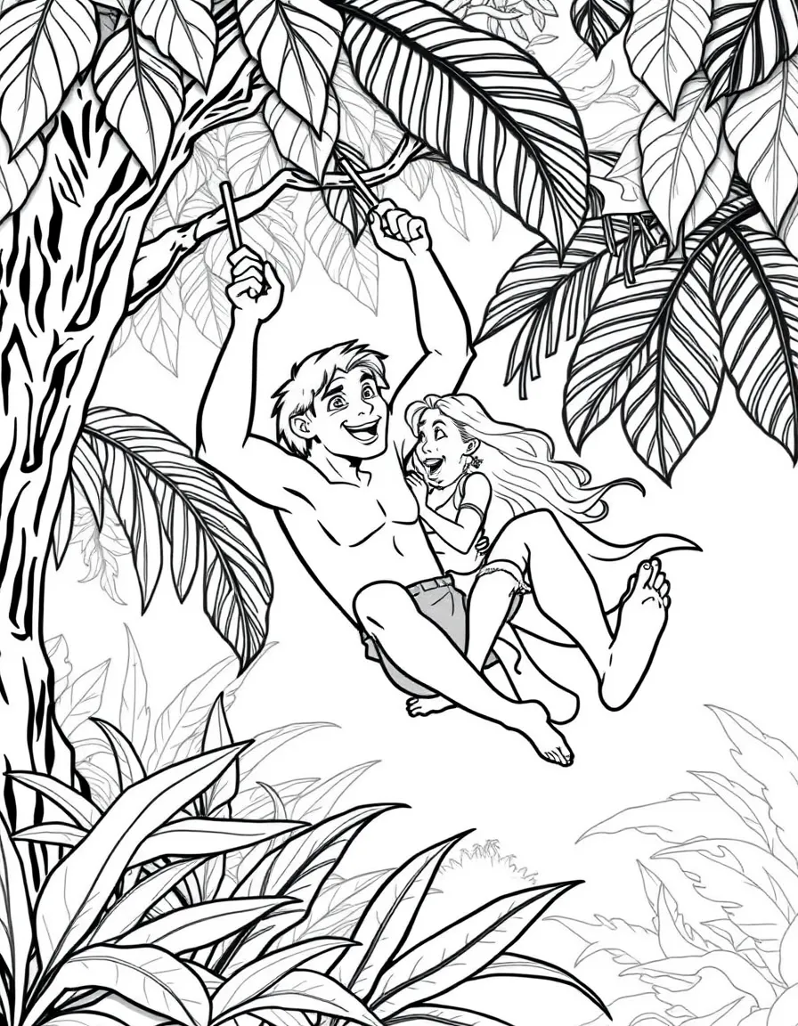 Tarzan swinging with Jane, with a beautiful jungle background.