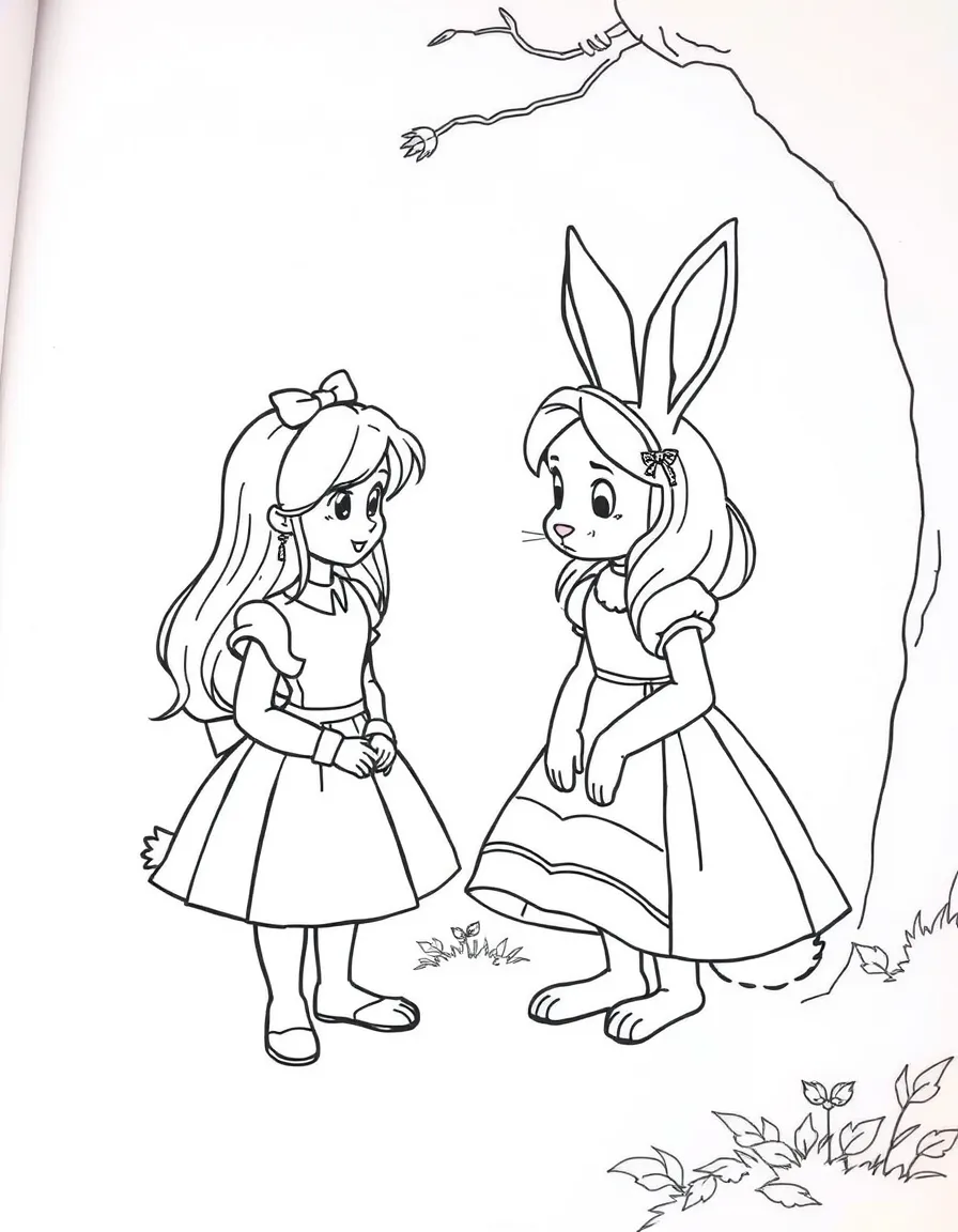 Alice talking to the White Rabbit, looking curious.