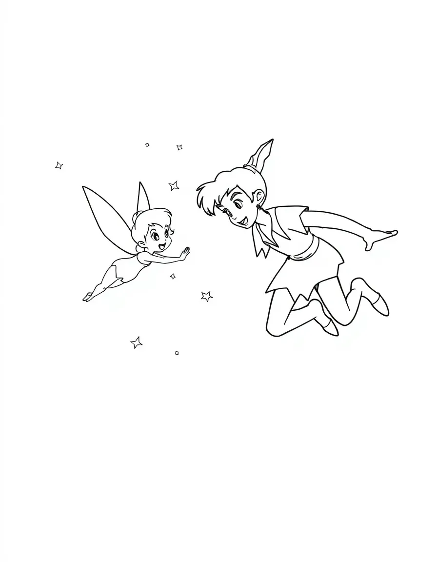 Peter Pan and Tinker Bell flying around, sprinkling pixie dust.