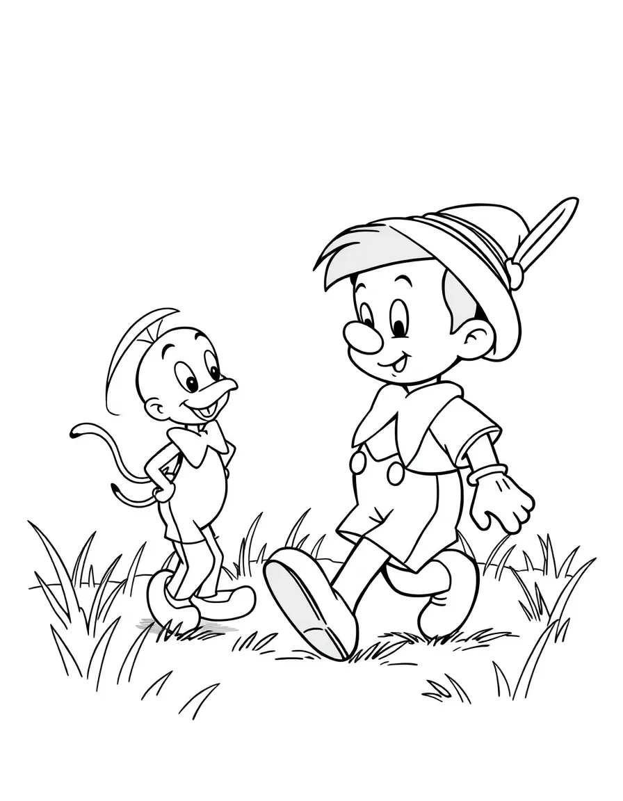 Pinocchio and Jiminy Cricket walking through a field.