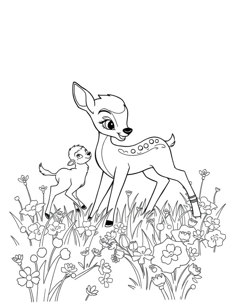 Bambi and his friends playing in a field of flowers.