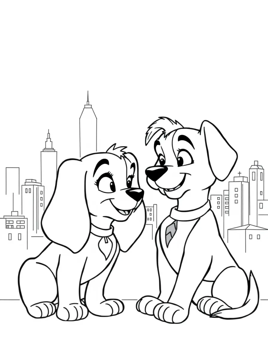 Lady and Tramp looking at each other lovingly, with the cityscape.