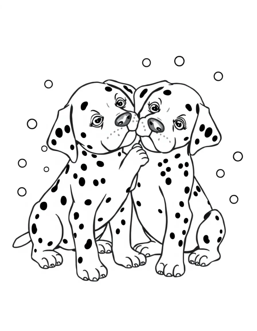 The Dalmatian puppies playing with each other, with spots everywhere.