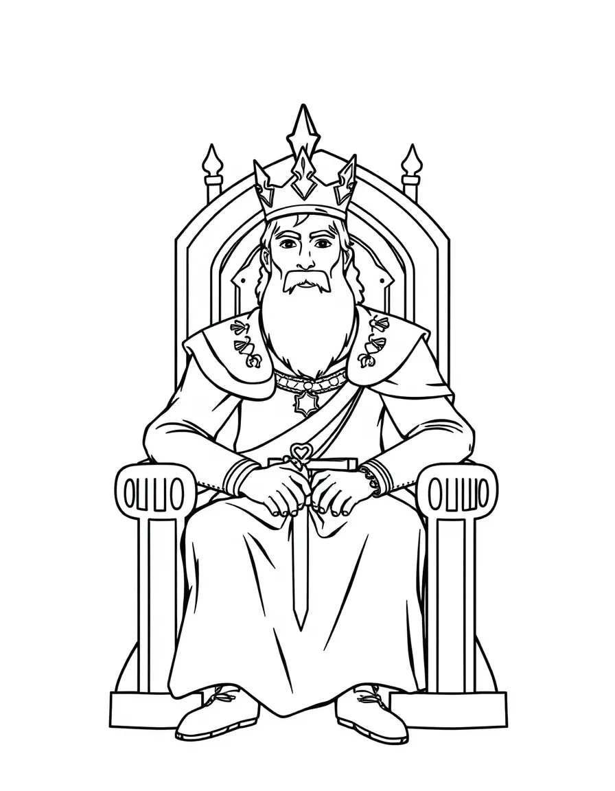 Arthur sitting on the throne, with a crown on his head.