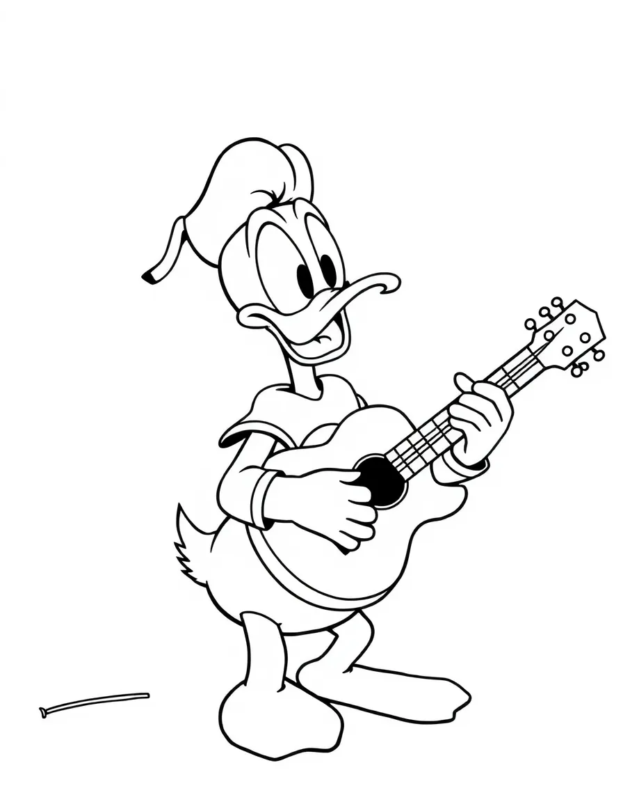 Donald Duck trying to play a guitar, looking frustrated.