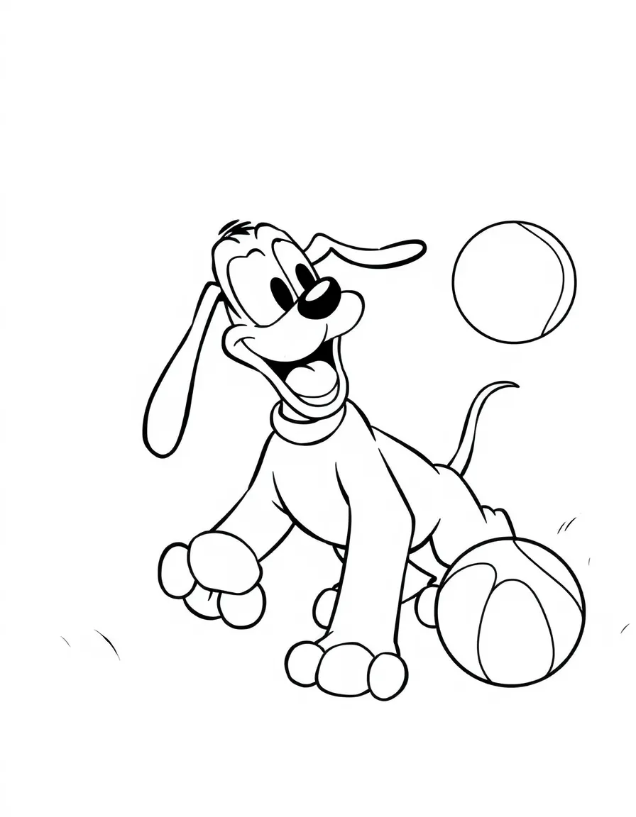 Pluto chasing a ball, with a big, happy grin.