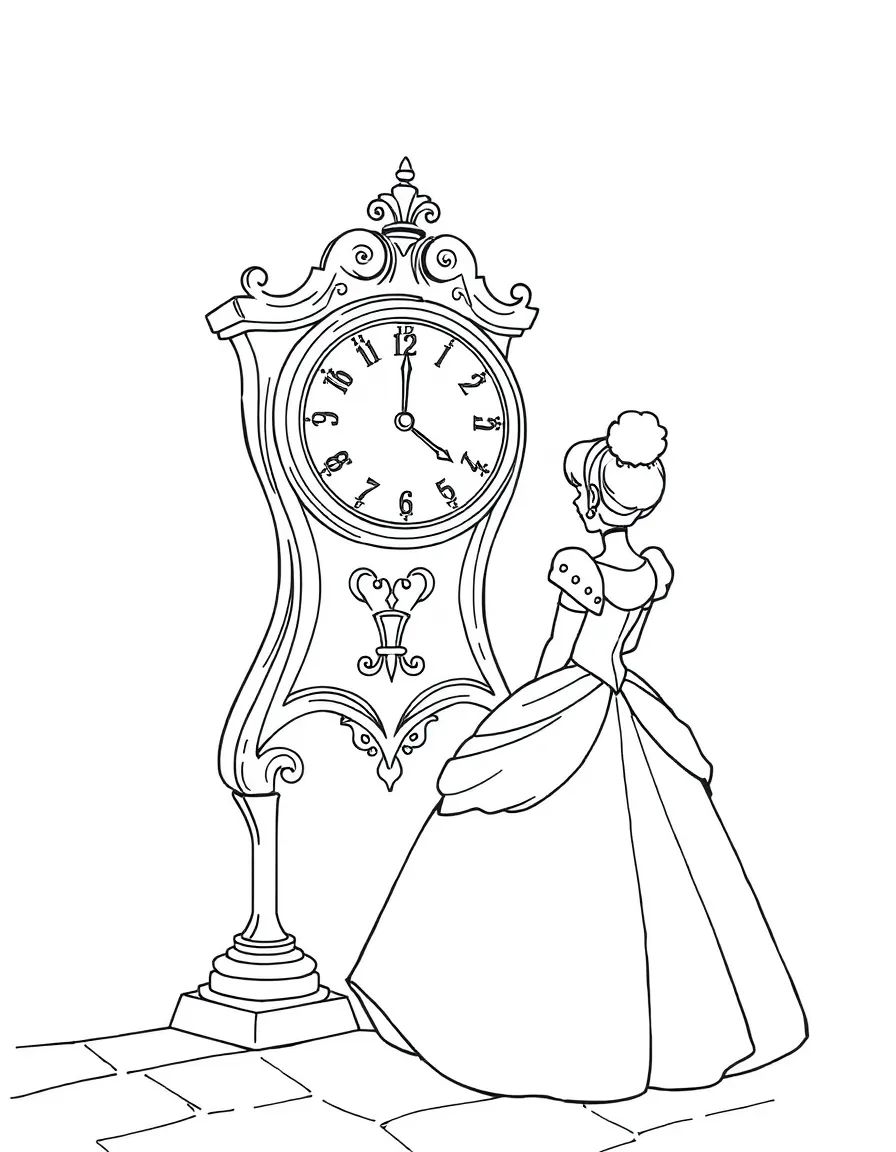 Cinderella looking at the clock, realizing it's midnight.
