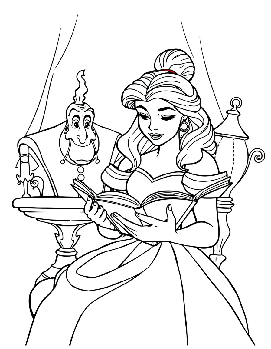 Belle reading a book, with Lumiere and Cogsworth watching.