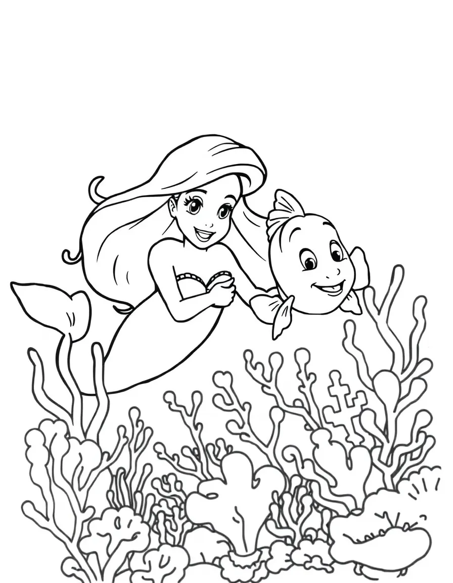 Ariel swimming with Flounder, with colorful coral.
