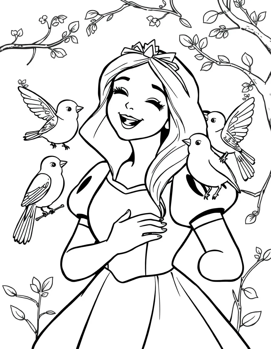 Snow White singing to the birds, with a happy expression.
