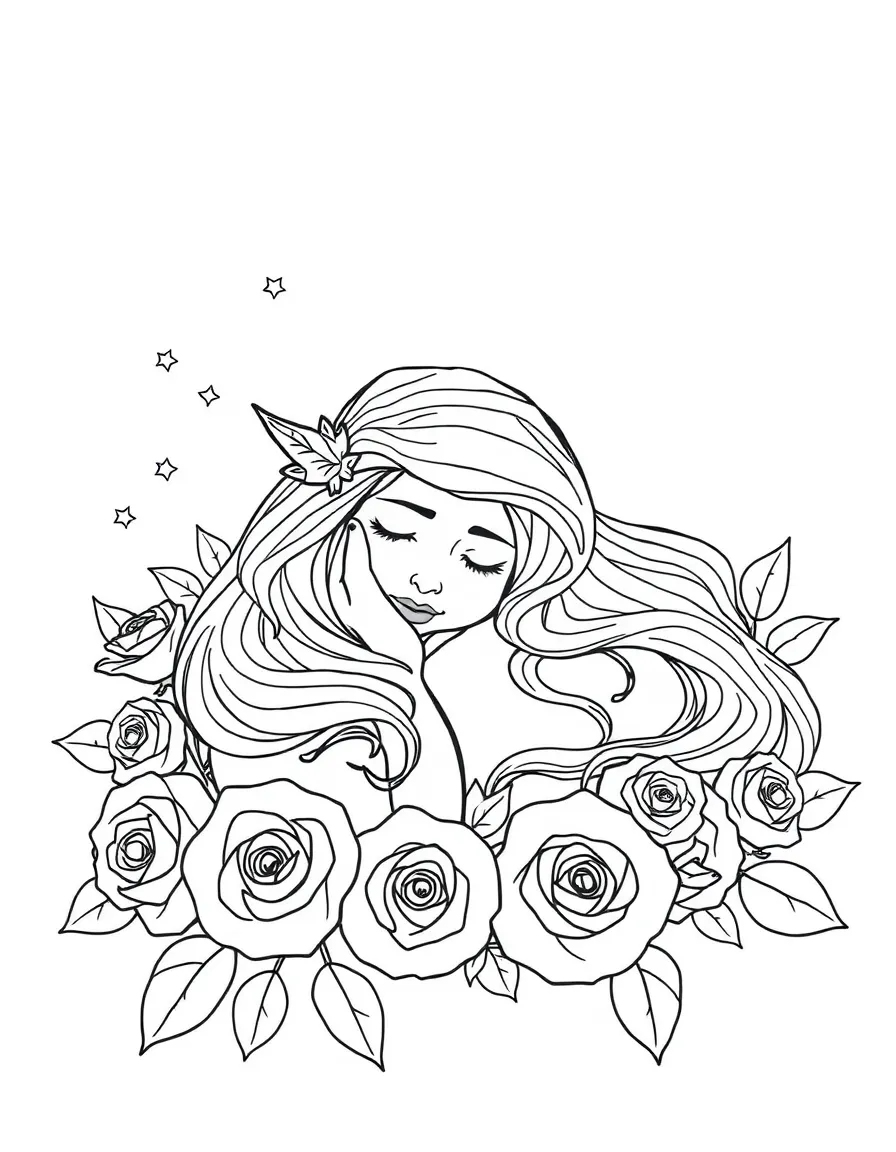 Aurora sleeping, surrounded by roses.