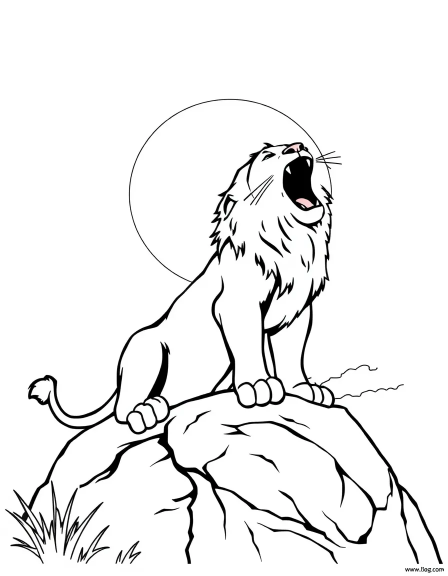 Simba roaring on Pride Rock, with the sun rising.