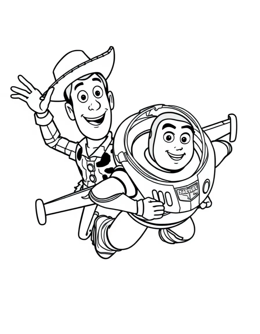 Woody and Buzz flying through the air, with a big smile.