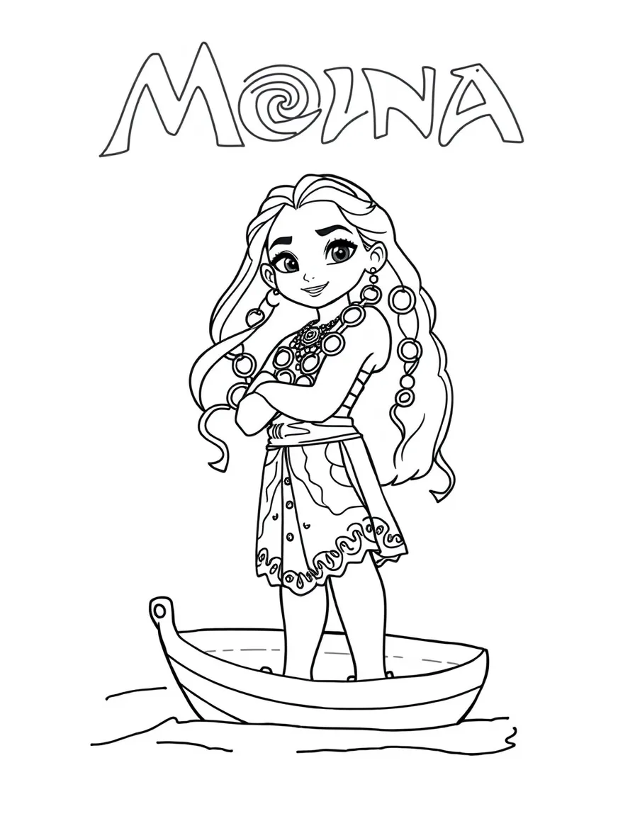 Moana standing on her boat, with the ocean reflecting her face.