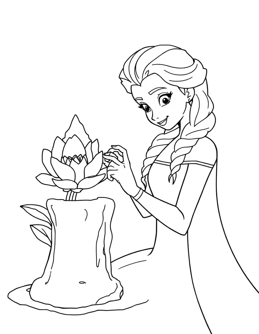 Elsa creating an ice sculpture of a flower.