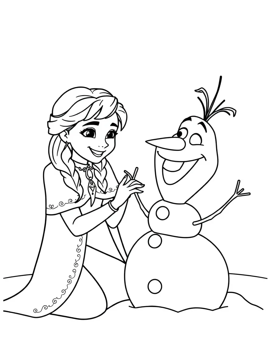 Anna and Olaf building a snowman, laughing.