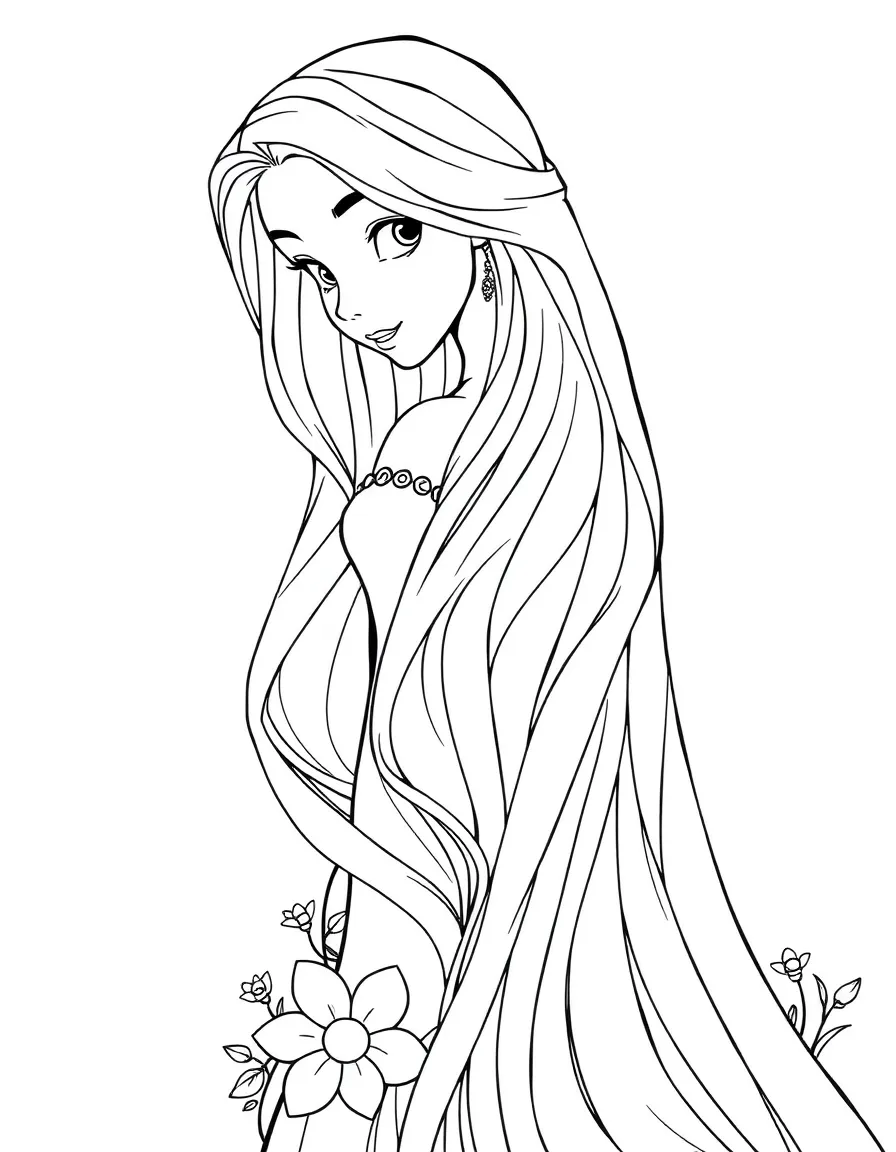 Rapunzel letting down her long, flowing hair, with flowers.