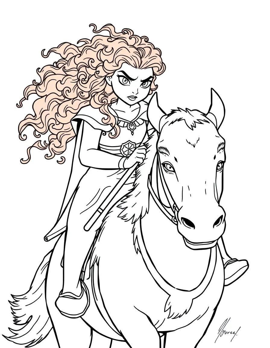 Merida riding Angus, with a fierce expression.