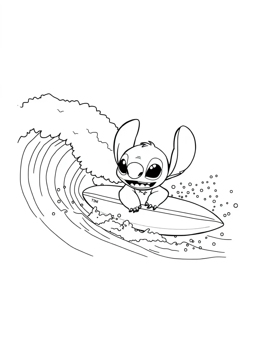 Lilo and Stitch playing in the waves, with a surfboard.