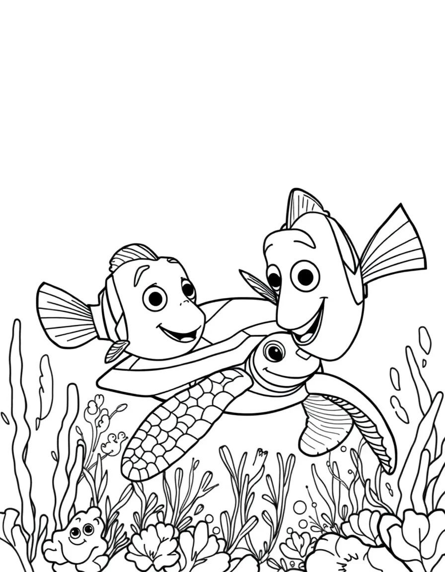 Nemo and Dory swimming with a friendly sea turtle.