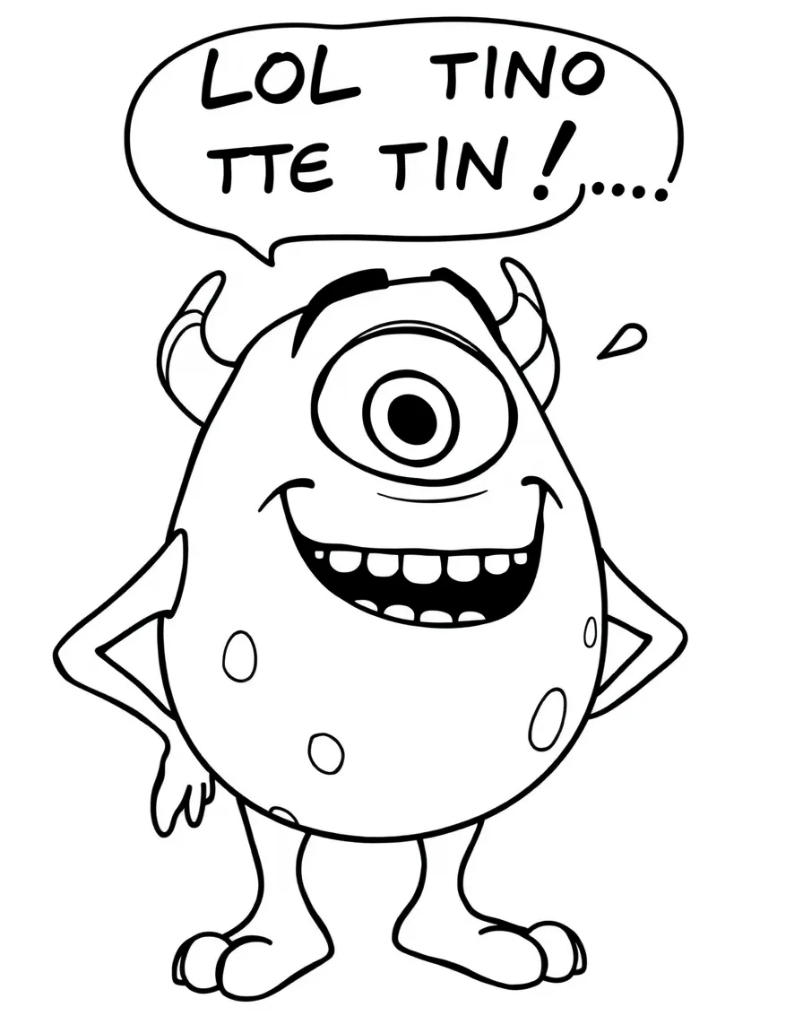 Mike Wazowski telling a funny joke, with his one eye wide.