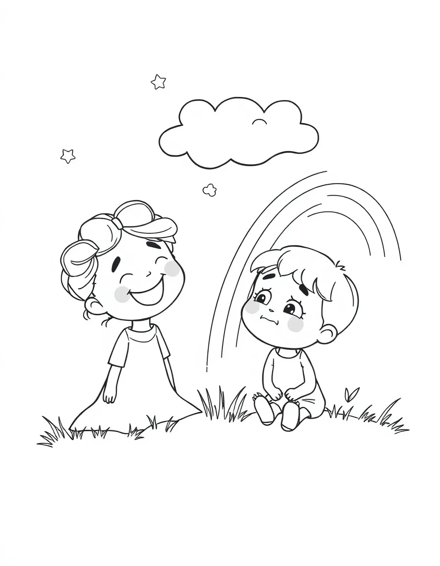 Joy and Sadness looking at a dream, with a rainbow.