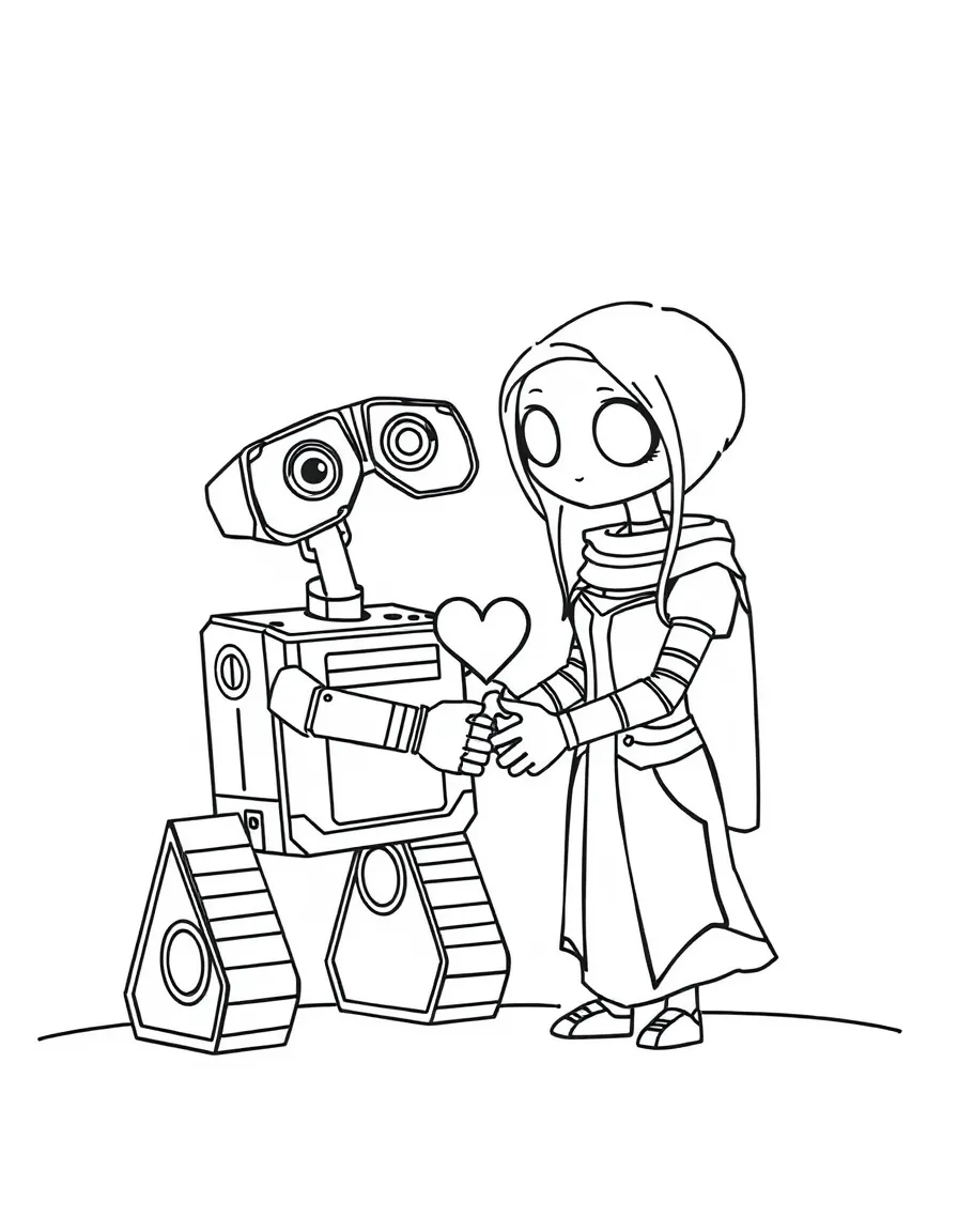 WALL-E and EVE holding hands, with a heart shape.