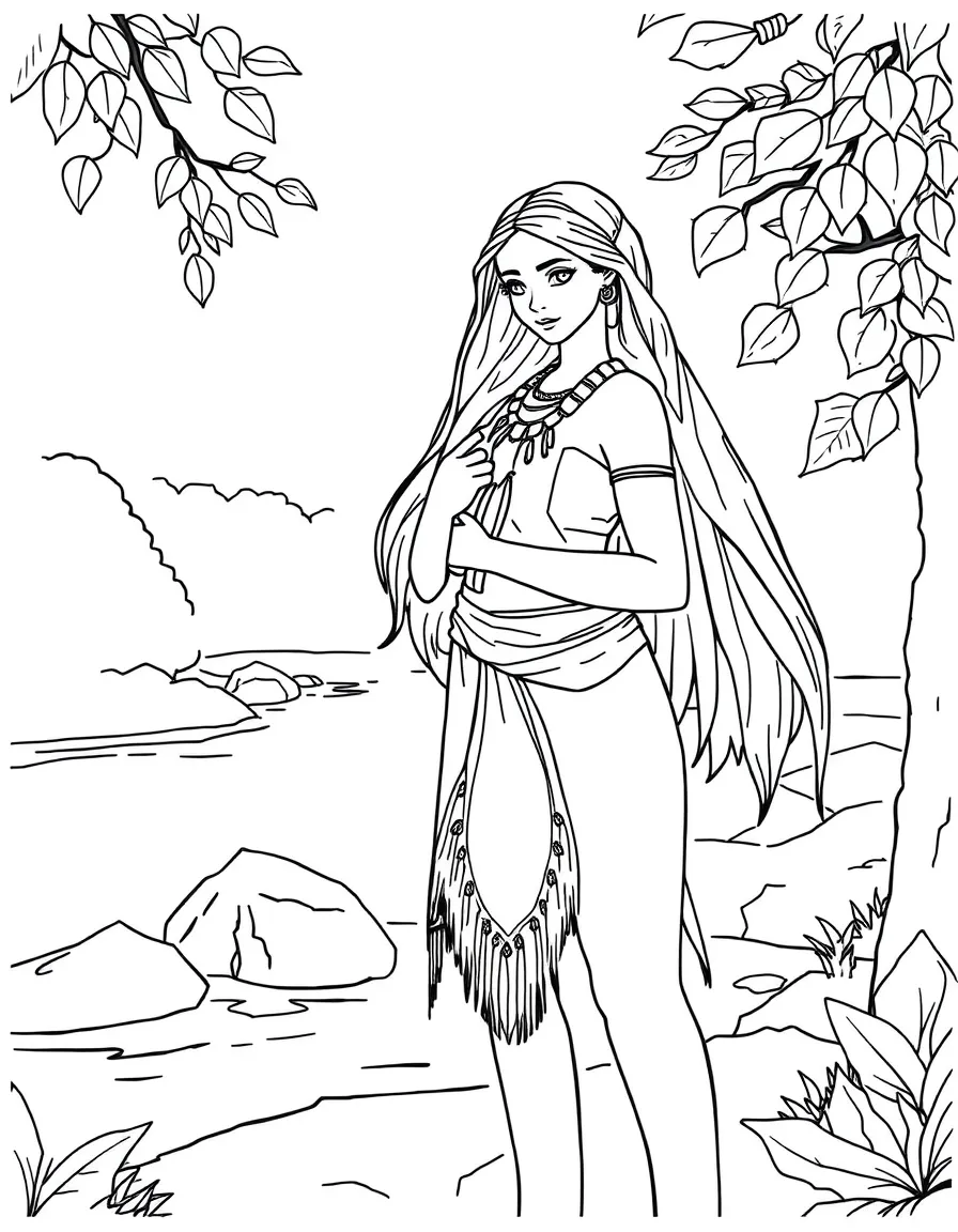 Pocahontas standing by a river, with the leaves blowing.