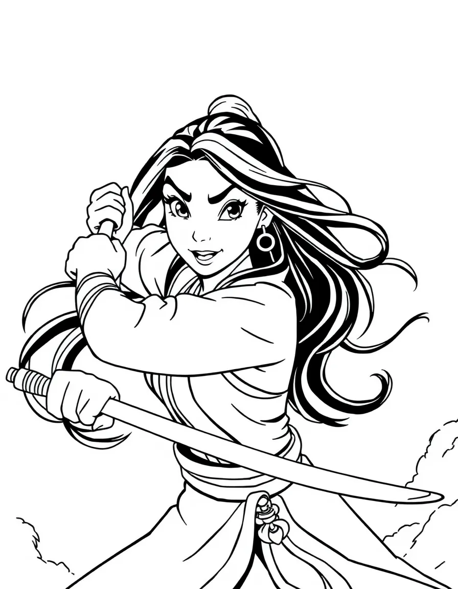 Mulan fighting bravely, with a determined look.